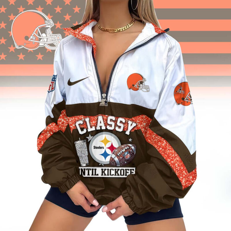FINAL SALE - NEW CUSTOMIZED NFL29 CLB CLEVELAND BROWNS V-NECK ZIPPER SWEATSHIRT JACKET