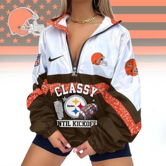 FINAL SALE - NEW CUSTOMIZED NFL29 CLB CLEVELAND BROWNS V-NECK ZIPPER SWEATSHIRT JACKET