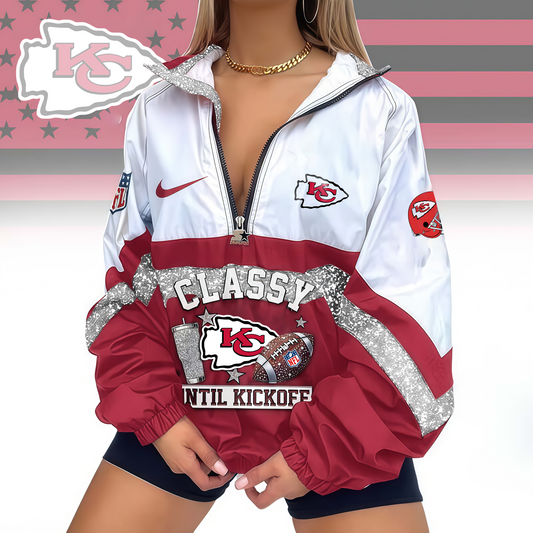 FINAL SALE - NEW CUSTOMIZED NFL01 KCC KANSAS CITY CHIEFS V-NECK ZIPPER SWEATSHIRT JACKET