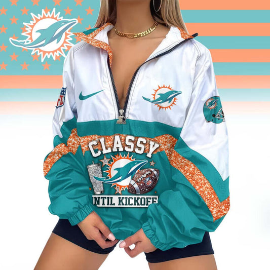 FINAL SALE - NEW CUSTOMIZED NFL19 MDP MIAMI DOLPHINS V-NECK ZIPPER SWEATSHIRT JACKET