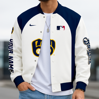 LIMITED EDITION - NEW CUSTOMIZED MLB15 MBS MW BREWERS BASEBALL JACKET, SATIN VARSITY JACKET