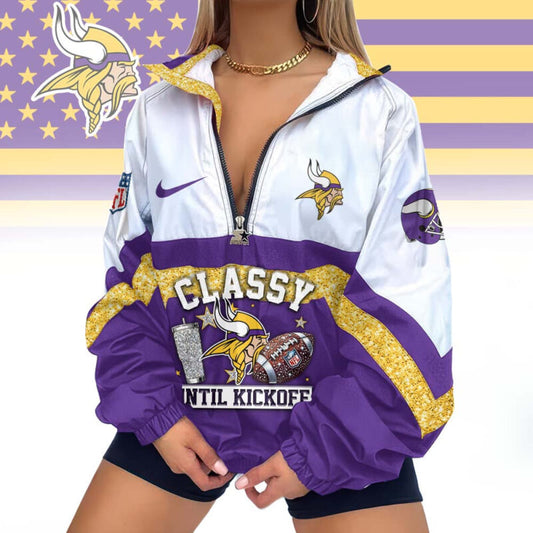 FINAL SALE - NEW CUSTOMIZED NFL05 MVK MINNESOTA VIKINGS V-NECK ZIPPER SWEATSHIRT JACKET
