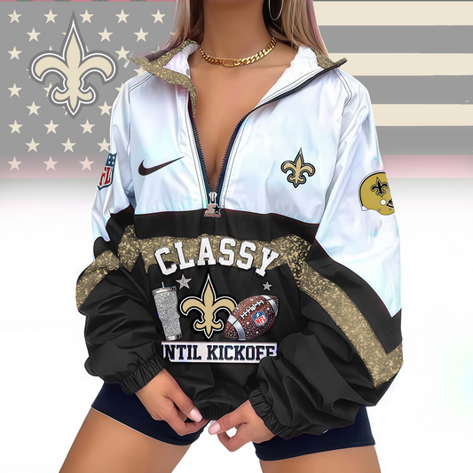 FINAL SALE - NEW CUSTOMIZED NFL24 NOS NEW ORLEANS SAINTS V-NECK ZIPPER SWEATSHIRT JACKET
