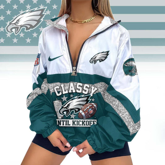 FINAL SALE - NEW CUSTOMIZED NFL02 PPE PHILADELPHIA EAGLES V-NECK ZIPPER SWEATSHIRT JACKET