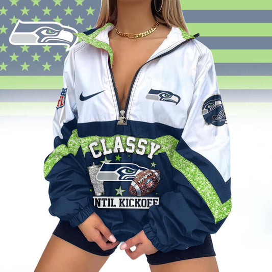 FINAL SALE - NEW CUSTOMIZED NFL06 SSH SEATTLE SEAHAWKS V-NECK ZIPPER SWEATSHIRT JACKET