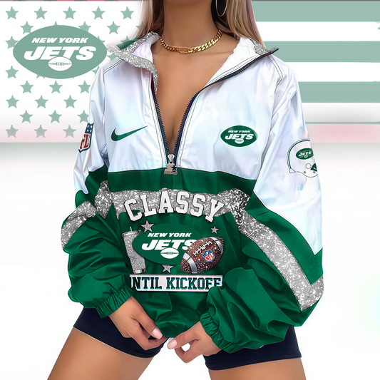 FINAL SALE - NEW CUSTOMIZED NFL25 NYJ NEW YORK JETS V-NECK ZIPPER SWEATSHIRT JACKET