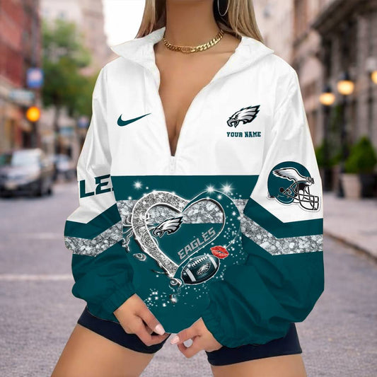FINAL SALE - NEW CUSTOMIZED NFL02 PPE PHILADELPHIA EAGLES V-NECK ZIPPER SWEATSHIRT JACKET
